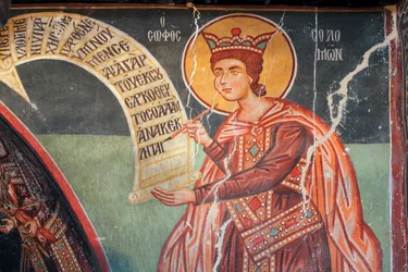 Byzantinisches Fresko aus dem 15. Jahrhundert (Detail) Salomo Wandmalerei Michael-Archangel-Kirche in Pedoulas Zypern Bemalte Kirchen UNESCO-Stätte Troodos, Zypern